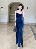 Niulatu Sheath Straps Floor Length Royal Blue Slit Prom Dresses Simple Evening Dress HZ1110