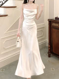Niulatu Sheath Spaghetti Straps White Long Prom Dresses Sexy Evening Dress HZ1110