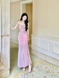 Niulatu Mermaid Spaghetti Straps Sequin Pink Slit Long Prom Dresses HZ1110