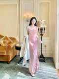 Niulatu Mermaid Spaghetti Straps Sequin Pink Slit Long Prom Dresses HZ1110