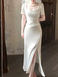 Niulatu Mermaid Sweetheart White Satin Slit Long Prom Dresses HZ1110