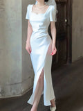 Niulatu Mermaid Sweetheart White Satin Slit Long Prom Dresses HZ1110