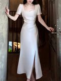 Niulatu Mermaid Sweetheart White Satin Slit Long Prom Dresses HZ1110