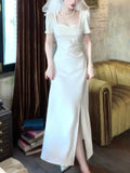 Niulatu Mermaid Sweetheart White Satin Slit Long Prom Dresses HZ1110