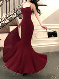 Niulatu Mermaid Spaghetti Straps Burgundy Velvet Long Prom Dresses HZ1110