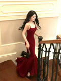 Niulatu Mermaid Spaghetti Straps Burgundy Velvet Long Prom Dresses HZ1110