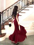 Niulatu Mermaid Spaghetti Straps Burgundy Velvet Long Prom Dresses HZ1110