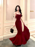 Niulatu Mermaid Spaghetti Straps Burgundy Velvet Long Prom Dresses HZ1110