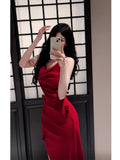 Niulatu Mermaid Spaghetti Straps Burgundy Satin Slit Long Prom Dresses HZ1110