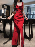Niulatu Mermaid Spaghetti Straps Burgundy Satin Slit Long Prom Dresses HZ1110