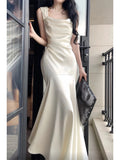 Niulatu Mermaid Straps Ivory Silk Satin Long Prom Dresses HZ1110