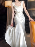 Niulatu Mermaid Straps Ivory Silk Satin Long Prom Dresses HZ1110