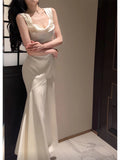 Niulatu Mermaid Straps Ivory Silk Satin Long Prom Dresses HZ1110