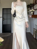 Niulatu Sheath Square Neckline Long Sleeves Slit Prom Dresses HZ1110