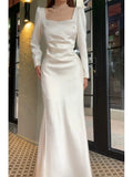 Niulatu Sheath Square Neckline Long Sleeves Slit Prom Dresses HZ1110