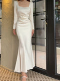 Niulatu Sheath Square Neckline Long Sleeves Slit Prom Dresses HZ1110