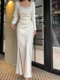 Niulatu Sheath Square Neckline Long Sleeves Slit Prom Dresses HZ1110