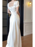Niulatu Sheath Square Neckline Short Sleeves Slit Prom Dresses HZ1110