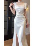 Niulatu Sheath Square Neckline Short Sleeves Slit Prom Dresses HZ1110