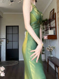 Niulatu Sheath Spaghetti Straps Satin Green Long Prom Dresses HZ1110
