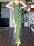 Niulatu Sheath Spaghetti Straps Satin Green Long Prom Dresses HZ1110
