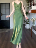 Niulatu Sheath Spaghetti Straps Satin Green Long Prom Dresses HZ1110