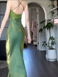 Niulatu Sheath Spaghetti Straps Satin Green Long Prom Dresses HZ1110