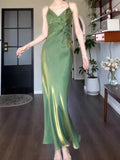 Niulatu Sheath Spaghetti Straps Satin Green Long Prom Dresses HZ1110