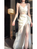 Niulatu Sheath Spaghetti Straps Slit Ivory Long Prom Dresses HZ1110