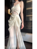 Niulatu Sheath Spaghetti Straps Slit Ivory Long Prom Dresses HZ1110