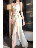 Niulatu Sheath Spaghetti Straps Slit Ivory Long Prom Dresses HZ1110