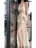 Niulatu Sheath Spaghetti Straps Slit Ivory Long Prom Dresses HZ1110
