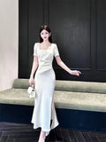 Niulatu Sheath Square Neckline Short Sleeves Slit Ivory Long Prom Dresses HZ1110