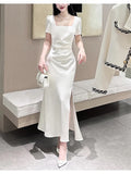 Niulatu Sheath Square Neckline Short Sleeves Slit Ivory Long Prom Dresses HZ1110