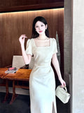 Niulatu Sheath Square Neckline Short Sleeves Slit Ivory Long Prom Dresses HZ1110