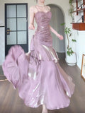 Niulatu Sheath Spaghetti Straps Lilac Ruffles Long Prom Dresses HZ1110