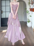 Niulatu Sheath Spaghetti Straps Lilac Ruffles Long Prom Dresses HZ1110