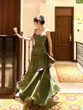 Niulatu Sheath Spaghetti Straps Green Ruffles Long Prom Dresses HZ1110