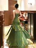 Niulatu Sheath Spaghetti Straps Green Ruffles Long Prom Dresses HZ1110