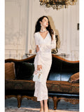 Niulatu Sheath V Neckline Long Sleeves White Floral Lace Long Prom Dresses HZ1110