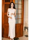 Niulatu Sheath Spaghetti Straps White Ruffles Long Prom Dresses HZ1110