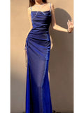 Niulatu Sheath Spaghetti Straps Royal Blue Ruffles Sequin Prom Dresses HZ1110