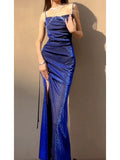 Niulatu Sheath Spaghetti Straps Royal Blue Ruffles Sequin Prom Dresses HZ1110