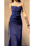 Niulatu Sheath Spaghetti Straps Royal Blue Ruffles Sequin Prom Dresses HZ1110