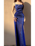 Niulatu Sheath Spaghetti Straps Royal Blue Ruffles Sequin Prom Dresses HZ1110