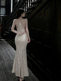 Niulatu Sheath Spaghetti Straps Silver Sequin Prom Dresses HZ1110
