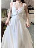 Niulatu A line Straps Sleeveless White Chiffon Long Prom Dresses HZ1110
