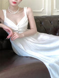 Niulatu A line Straps Sleeveless White Chiffon Long Prom Dresses HZ1110
