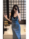 Niulatu Sheath Spaghetti Straps Sleeveless Navy Blue Sequin Prom Dresses Evening Gowns HZ1110