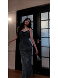 Niulatu Sheath Spaghetti Straps Sleeveless Navy Blue Sequin Prom Dresses Evening Gowns HZ1110
